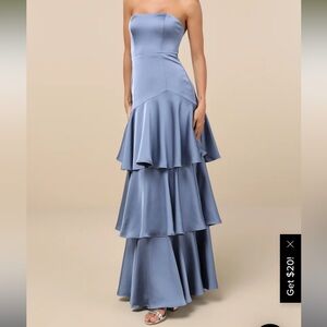 Blissfully Beautiful Slate Satin Strapless Tieres Maxi Dress